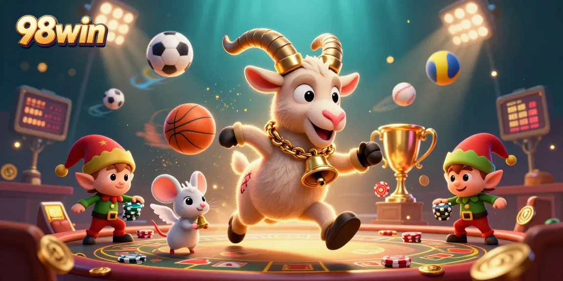 Engage with 98win's vibrant holiday-horror casino scene, featuring festive Krampus elements and interactive gaming.