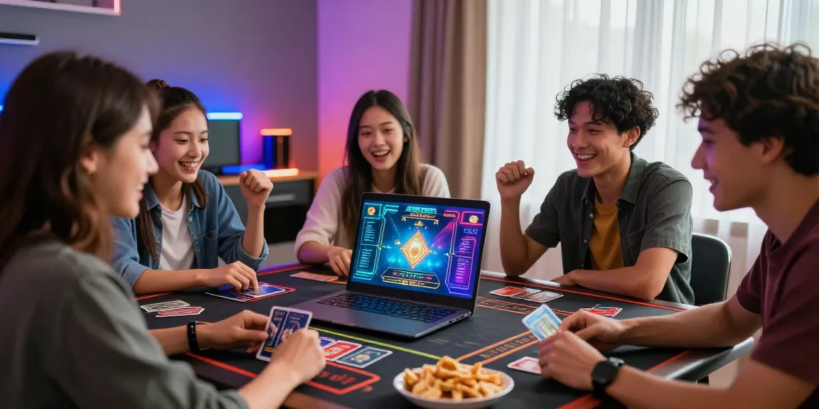 Exciting credit card casino gaming scene with friends enjoying interactive play, showcasing vibrant graphics and a cozy atmosphere.