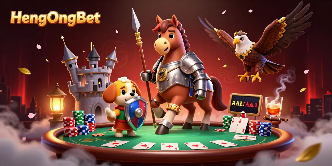 Engage with HengOngBet at a vibrant poker scene featuring a knight, puppy, and falcon.