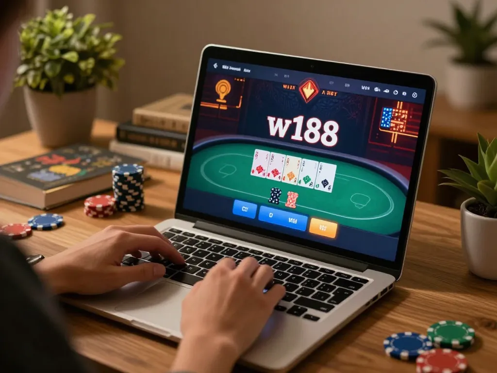 w188 bet: Engaging online card game on laptop showcasing strategic gameplay actions in a cozy setting
