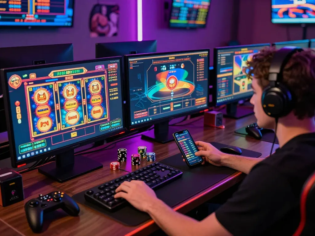 Player enjoying rusuntogel online gaming with vibrant screens and atmosphere