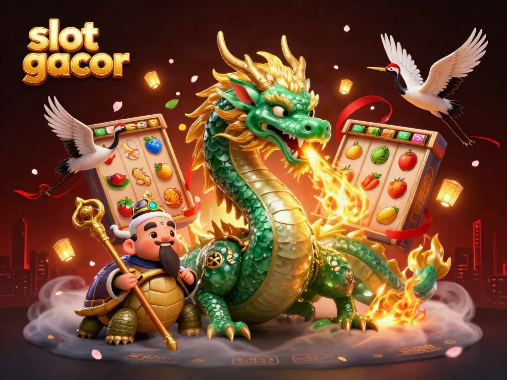 Slot gacor menarik dengan naga zamrud dan elemen permainan slot penuh warna dalam suasana hiburan yang magis.