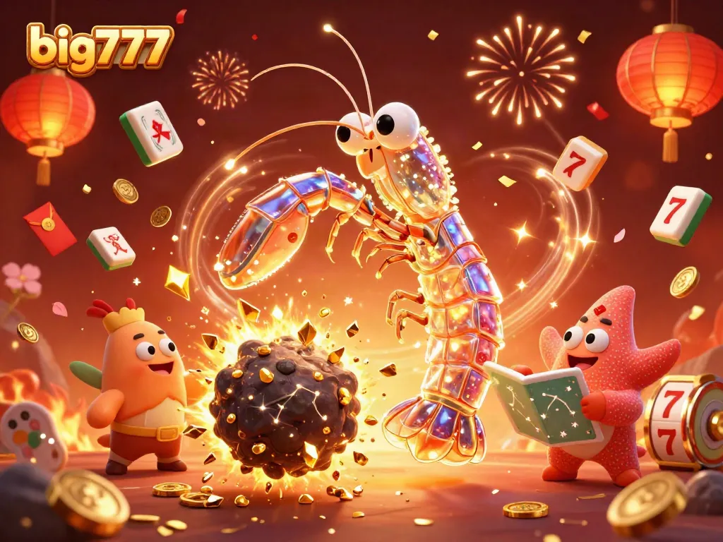 Big777 players winning big with a galactic shrimp battling through a jackpot explosion.