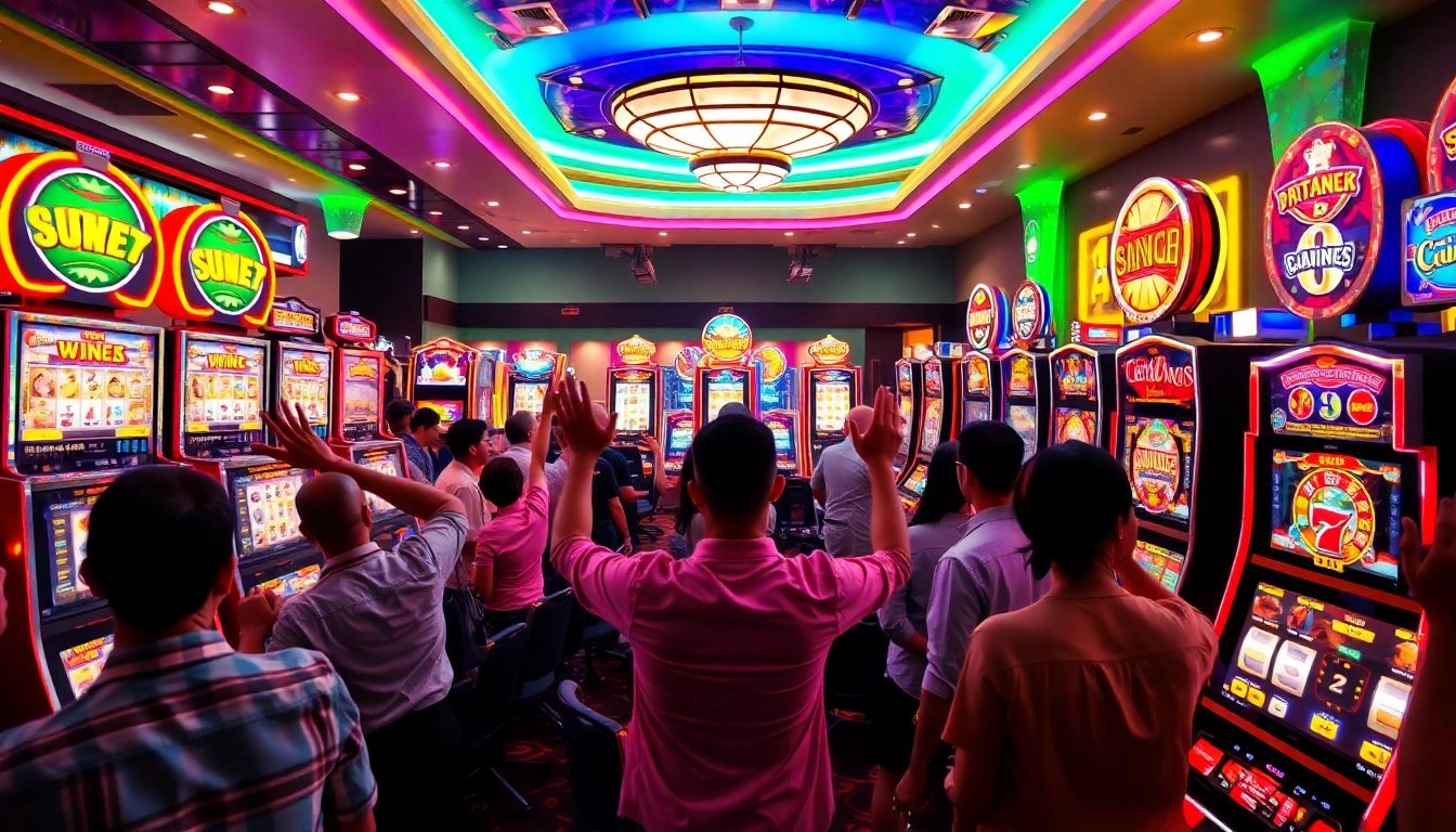 Menampilkan para penjudi yang bersemangat bermain situs slot di kasino yang ramai.