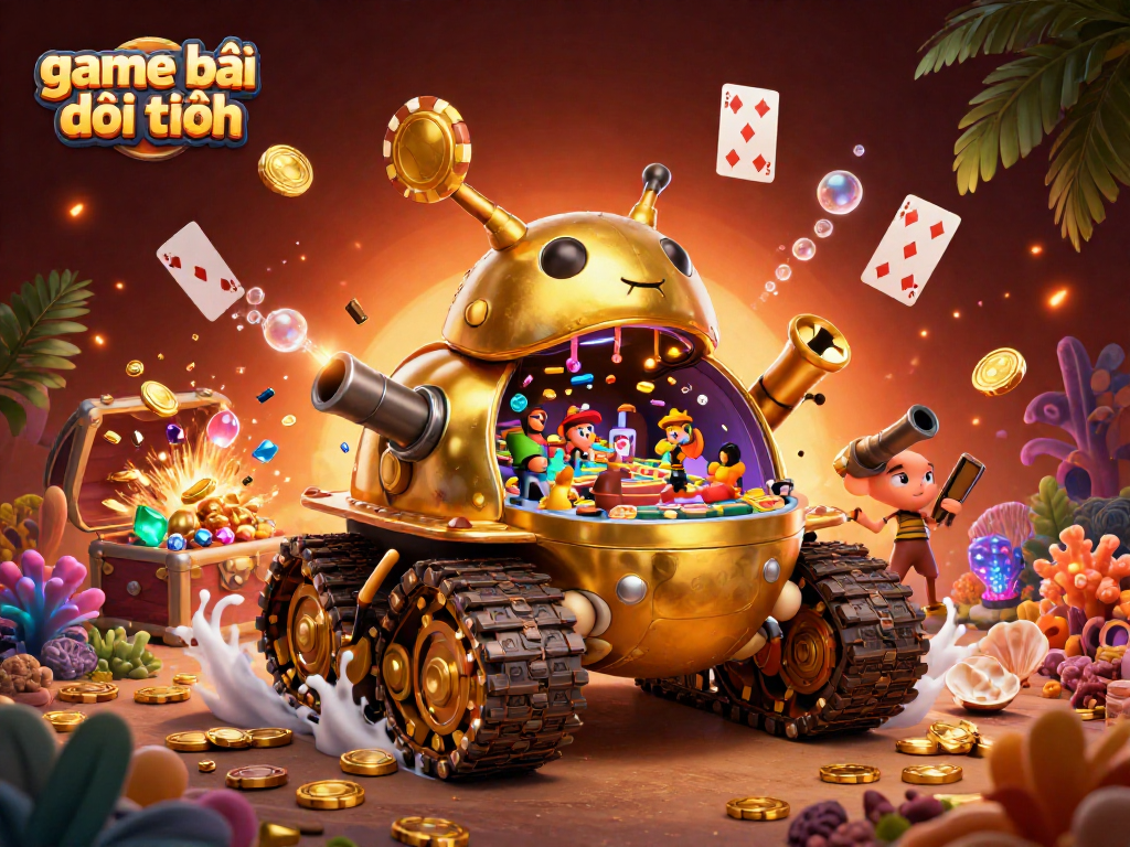 Engage with game bài đổi thưởng in this rich 3D cartoon scene featuring a golden beetle tank casino.
