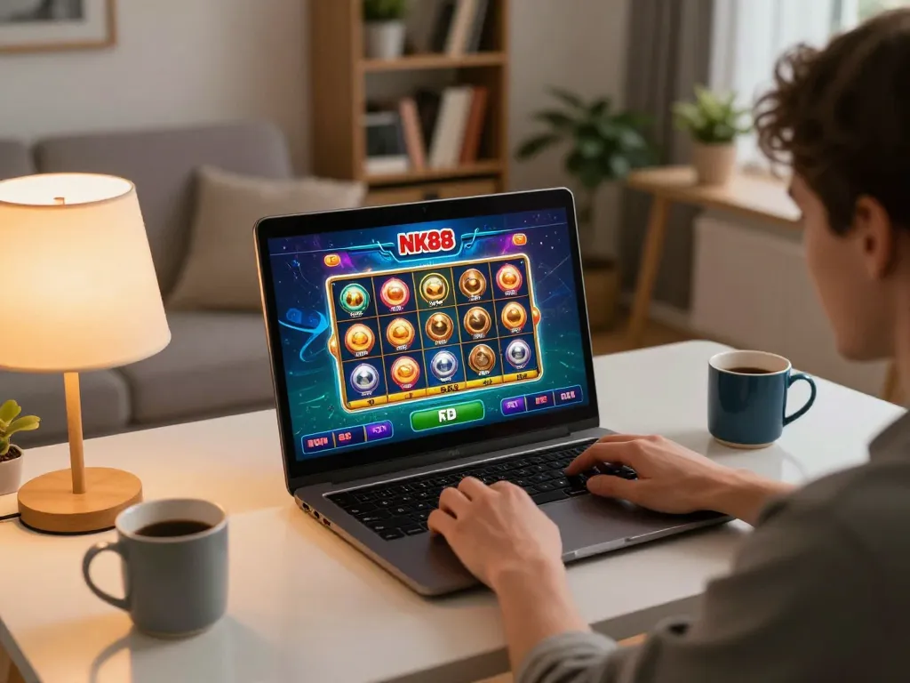 Engaging in thrilling slot games on the NK88 mobile app in a cozy home setting