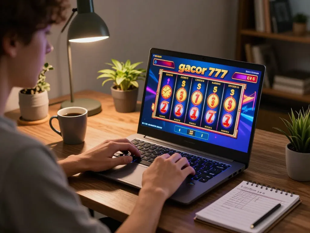 Experience thrilling slot gacor 777 gameplay on a laptop with strategic betting notes.