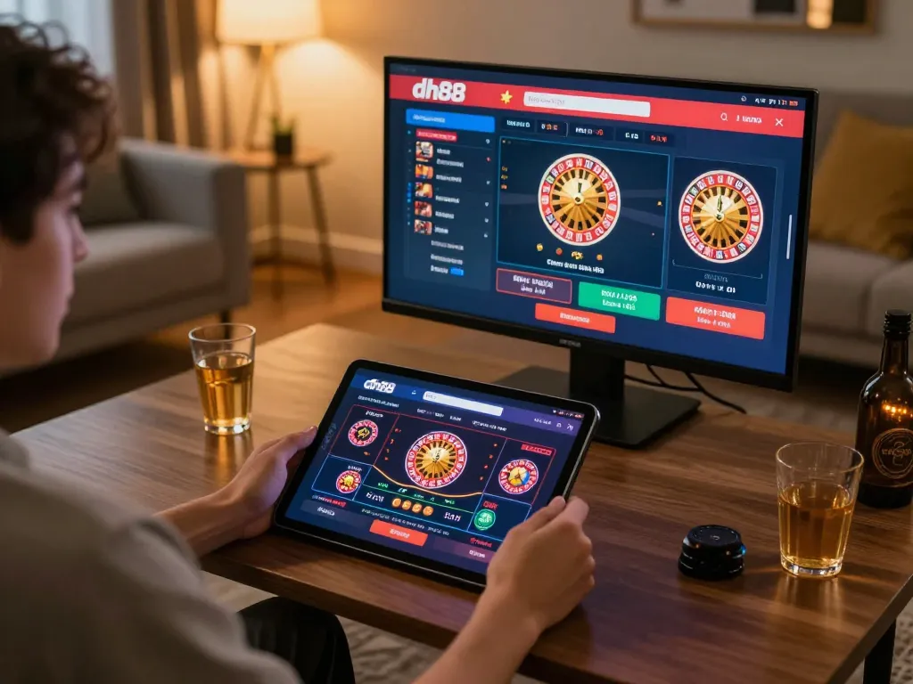 Engaged user playing casino games on dh88 tablet, showcasing online gambling excitement