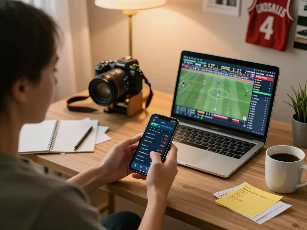 king33 sports betting excitement with smartphone in a cozy home office setting