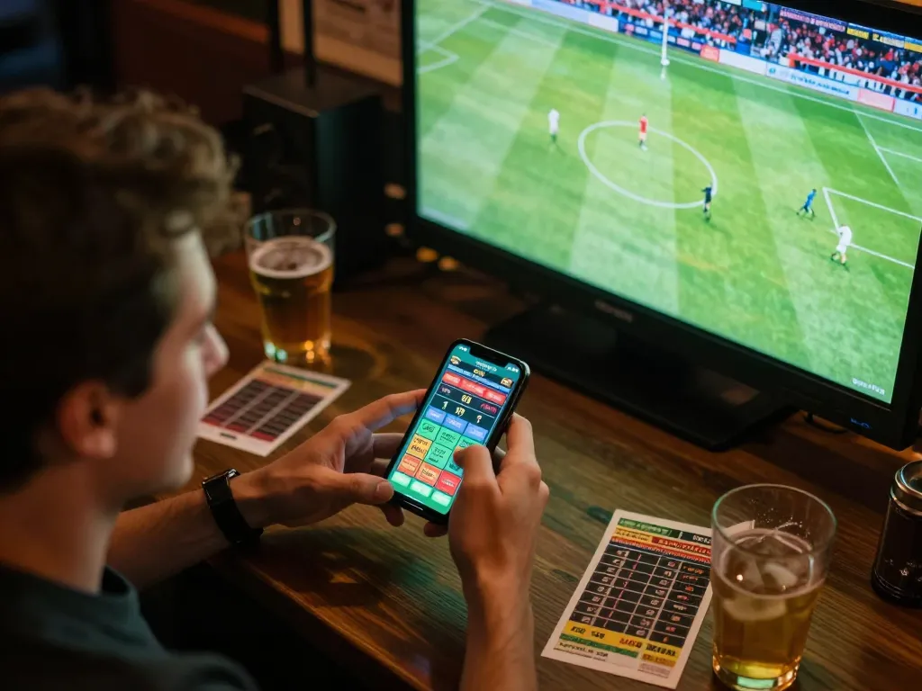 Excited user placing bets on luck88com via smartphone at a lively sports bar while watching a live soccer match