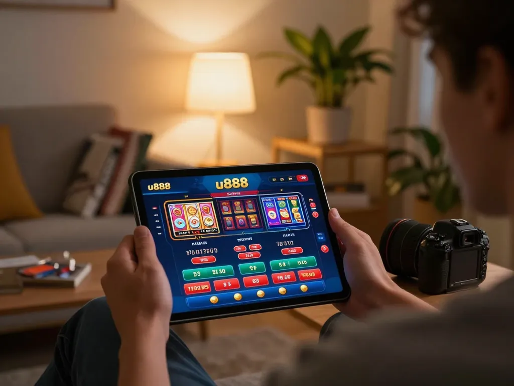 Gamer enjoying online casino gaming with u888 app on tablet, cozy living room setting.