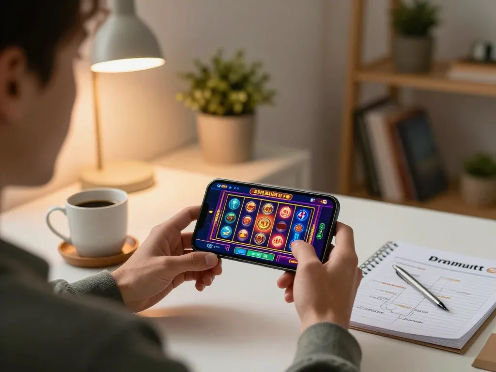 Engaging with casinos not on gamstop through a mobile app, showcasing a strategic home gaming setup.