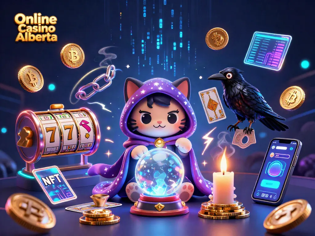 Engage with the thrilling Online Casino Alberta through vibrant 3D illustration featuring magical characters and crypto elements.
