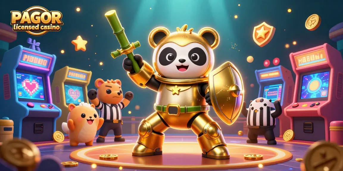 PAGCOR licensed casino illustrated scene with dynamic 3D panda robot and vibrant gaming elements.