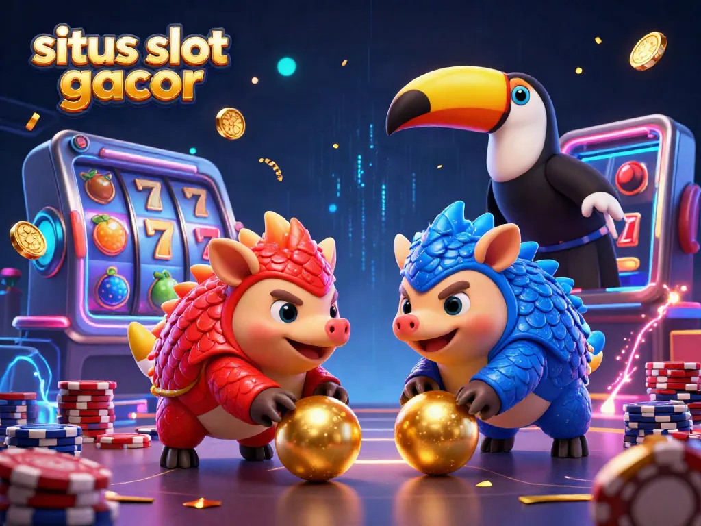 Visualisasi permainan situs slot gacor dengan pangolin bertarung dan simbol slot.