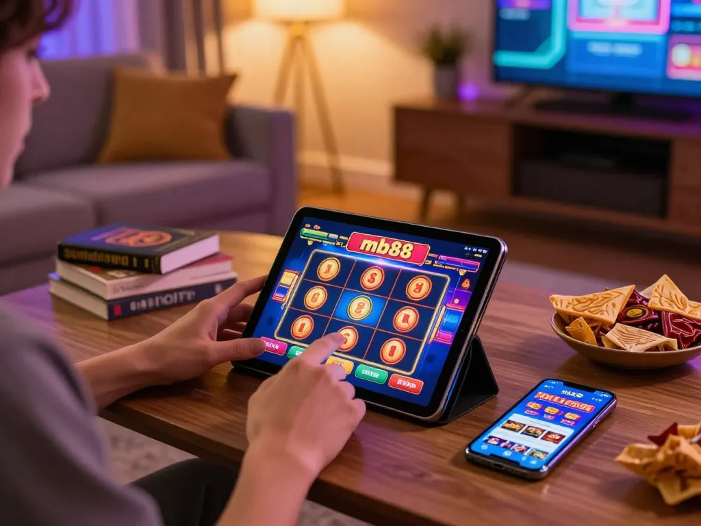 Engaging scene of a player enjoying mb88 casino on a tablet, showcasing vibrant slot gameplay in a cozy home environment.