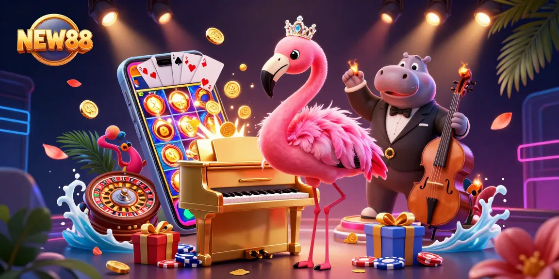 Experience the vibrant gaming world of NEW88 with exciting slot games and animated characters.