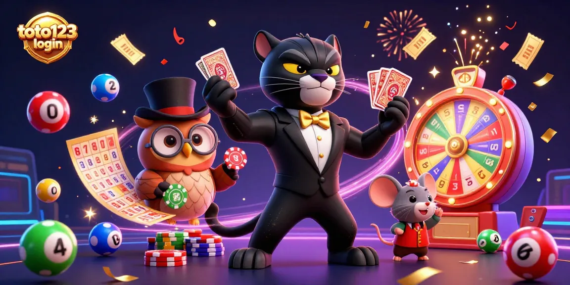 Engage with exciting games on toto123 login, featuring a stylish tuxedo panther and poker chips amidst vibrant lottery elements.