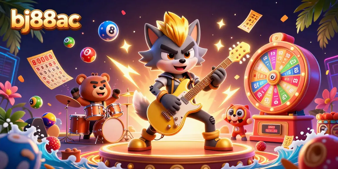 Bounce and win at bj88ac with a lively casino scene featuring a rock star wolf and dynamic gaming elements.