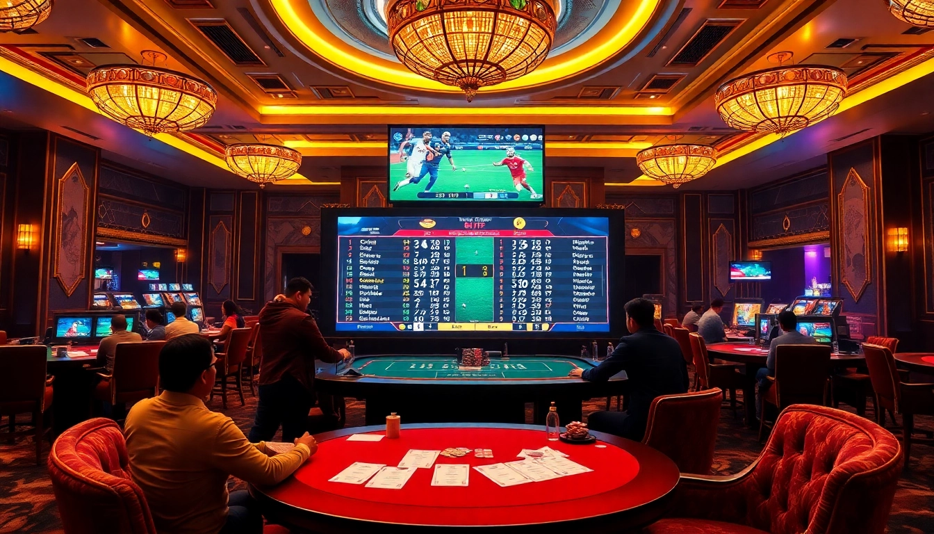 Kèo châu Á 6FF bet slip on a luxury casino sports table amidst a vibrant gambling atmosphere.