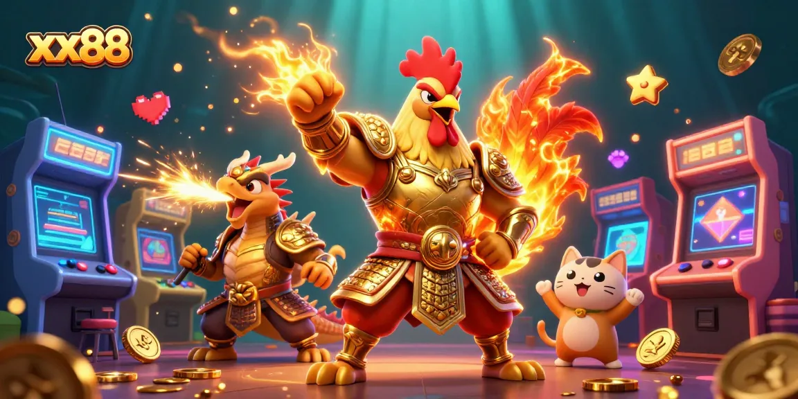 Join the fun at xx88 with epic gaming battles featuring a rooster warrior and dragon hatchling.