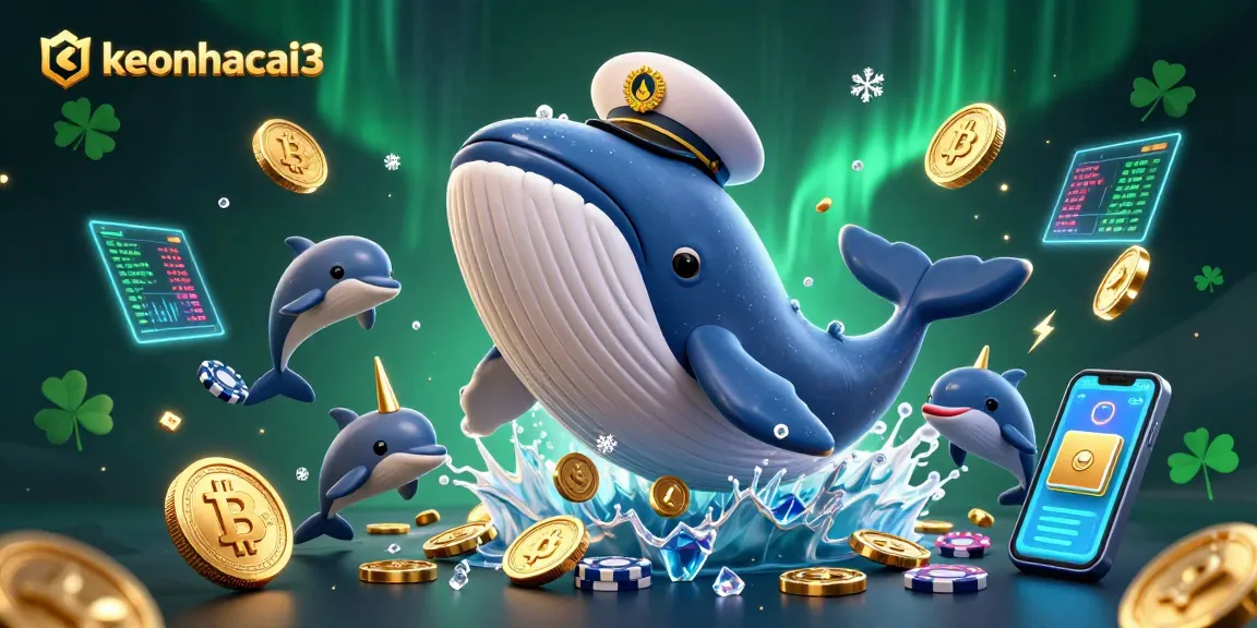 Engage in exciting gaming action with keonhacai3, as a cartoon whale leads a vibrant scene of winnings and crypto.