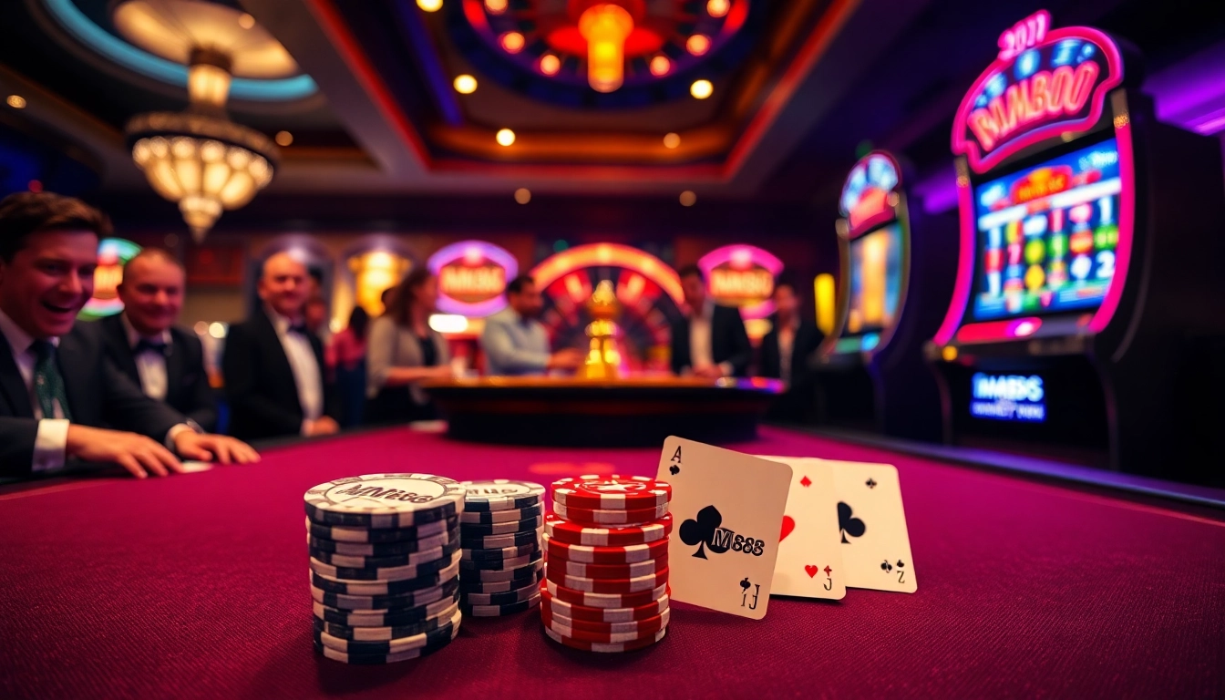 Exciting poker game at MM88 casino with vibrant colors and branded chips.