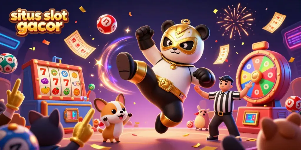 Gambar ceria situs slot gacor dengan panda pegulat beraksi dan kerumunan hewan merayakan kemenangan.