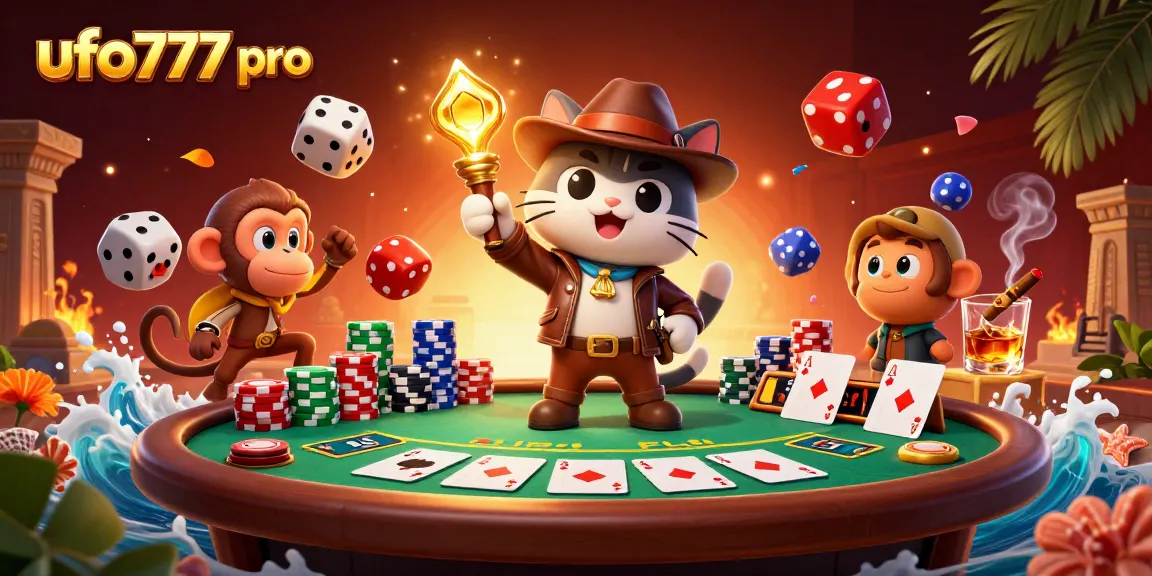 Engage with ufo777 pro as an adventurer cat uncovers treasures in a vibrant casino-themed scene.