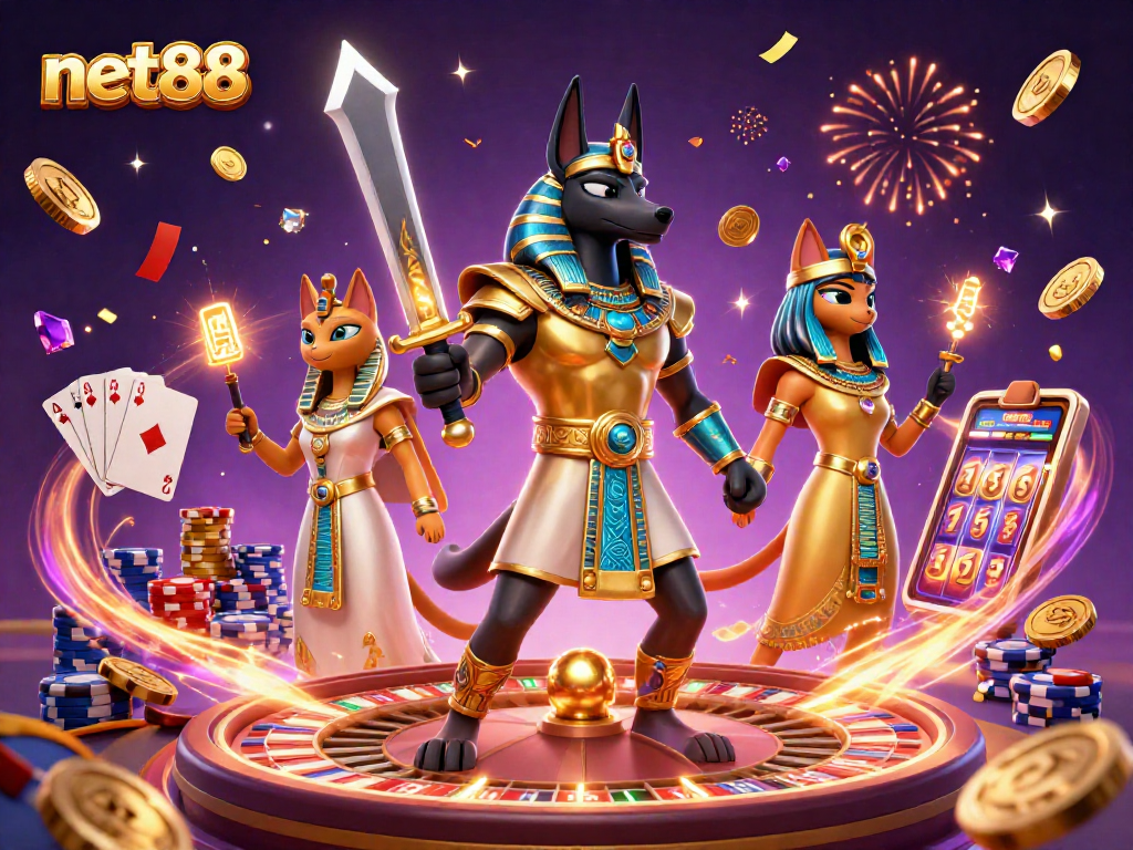 Play thrilling games at net88 with Anubis and Bastet in a vibrant casino illustration.