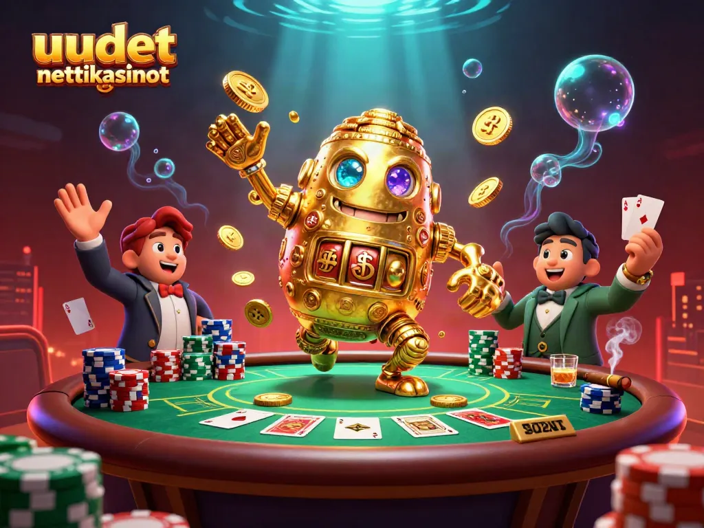 Uudet nettikasinot: Valtava 3D-golem, joka koostuu kultakolikoista, ympärillä pelielementtejä ja pokerikamoja.