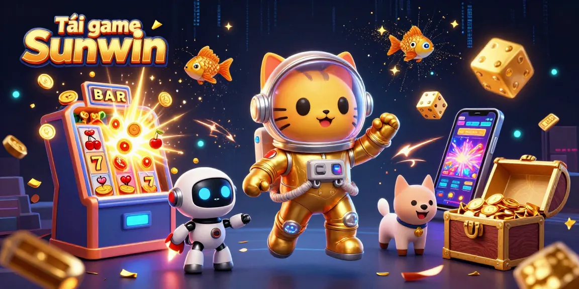 Tải game Sunwin now with an adventurous cosmic illustration featuring a cat astronaut and a robot dog.