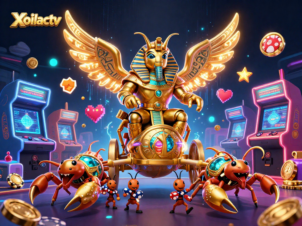 Xoilactv showcases a vibrant casino scene with a colossal scarab beetle and gaming elements.