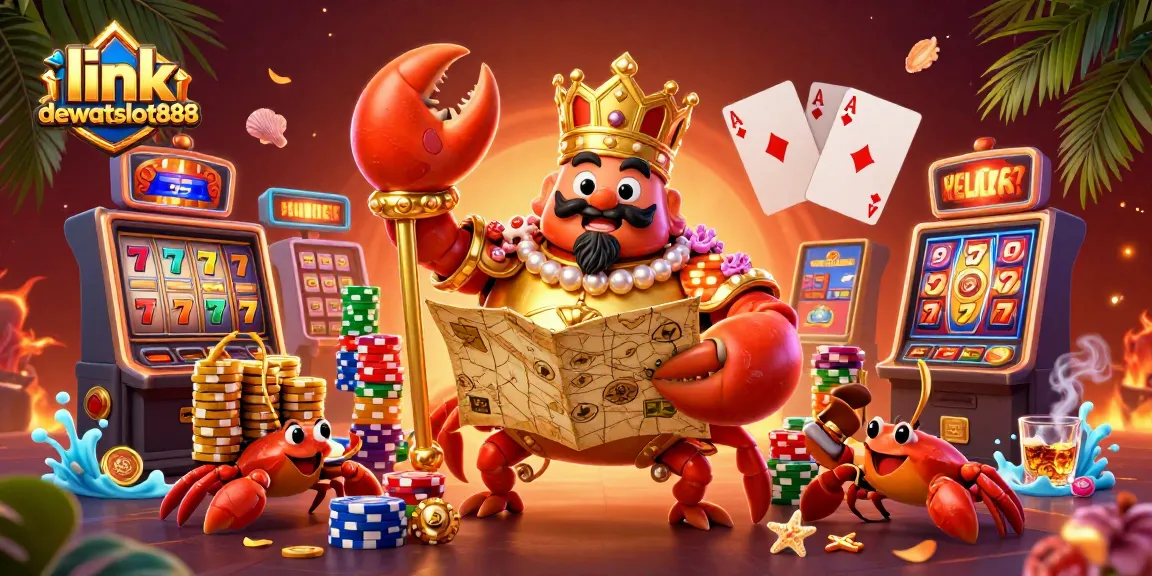 Menangkan permainan kasino dengan link dewataslot888, menggambarkan kepiting emas raksasa di tengah suasana slot yang meriah.