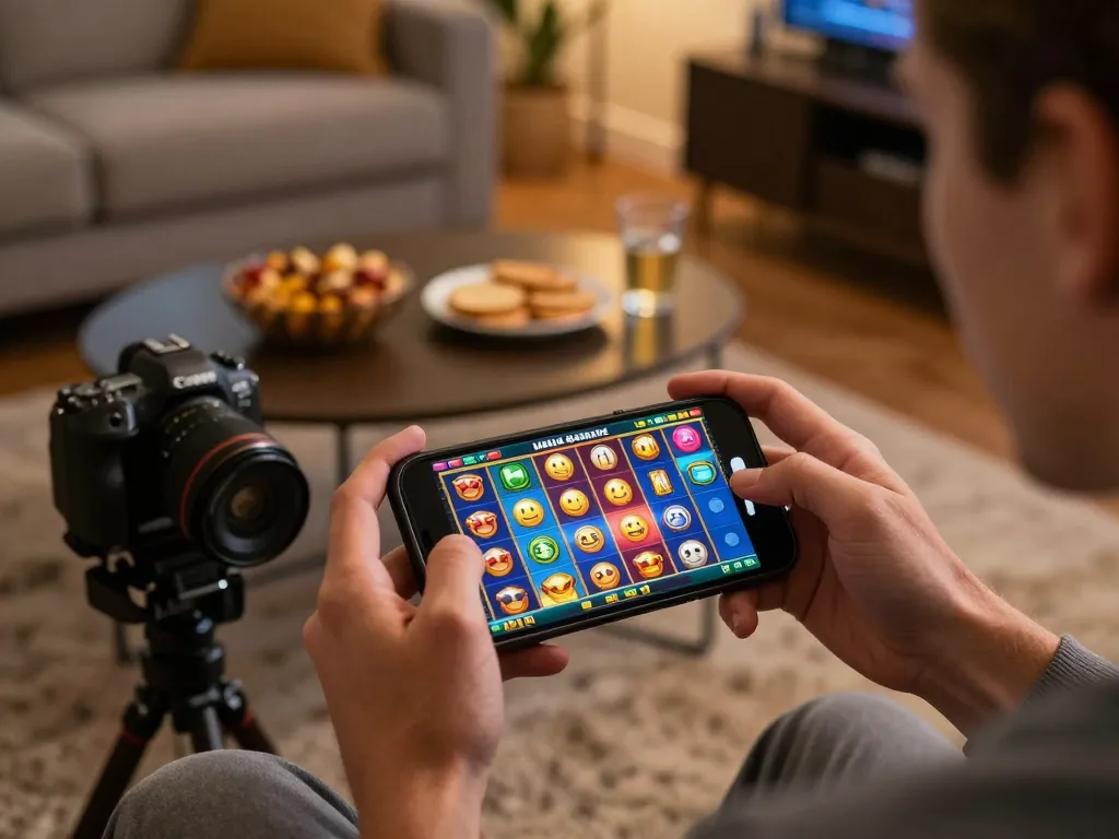 Engaging gameplay on mega slot with colorful reels visible on smartphone screen, cozy home atmosphere.