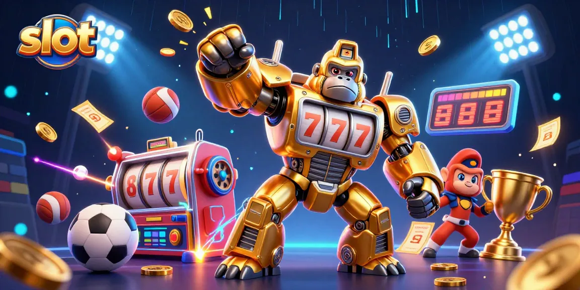 Jelajahi dunia slot dengan gorilla emas dari mesin slot yang memukulkan tangan ke atas, dikelilingi koin emas dan elemen permainan!