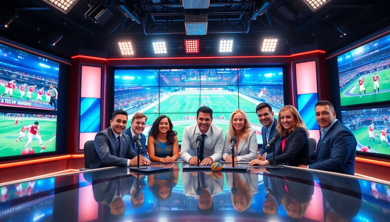 Sports broadcasting studio showcasing diverse commentators delivering live coverage.