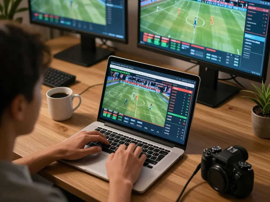 Engaged bettor using lc88 platform for live sports betting with multiple screens showcasing game odds.