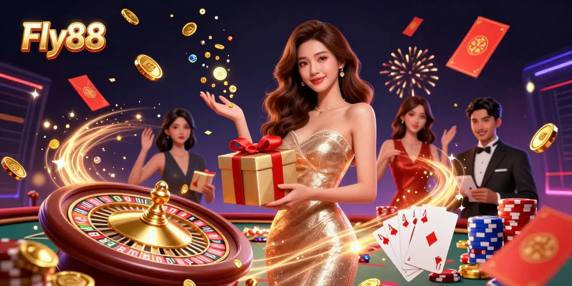 Engage in exciting gameplay at Fly88, featuring dynamic 3D casino elements and celebratory visuals.