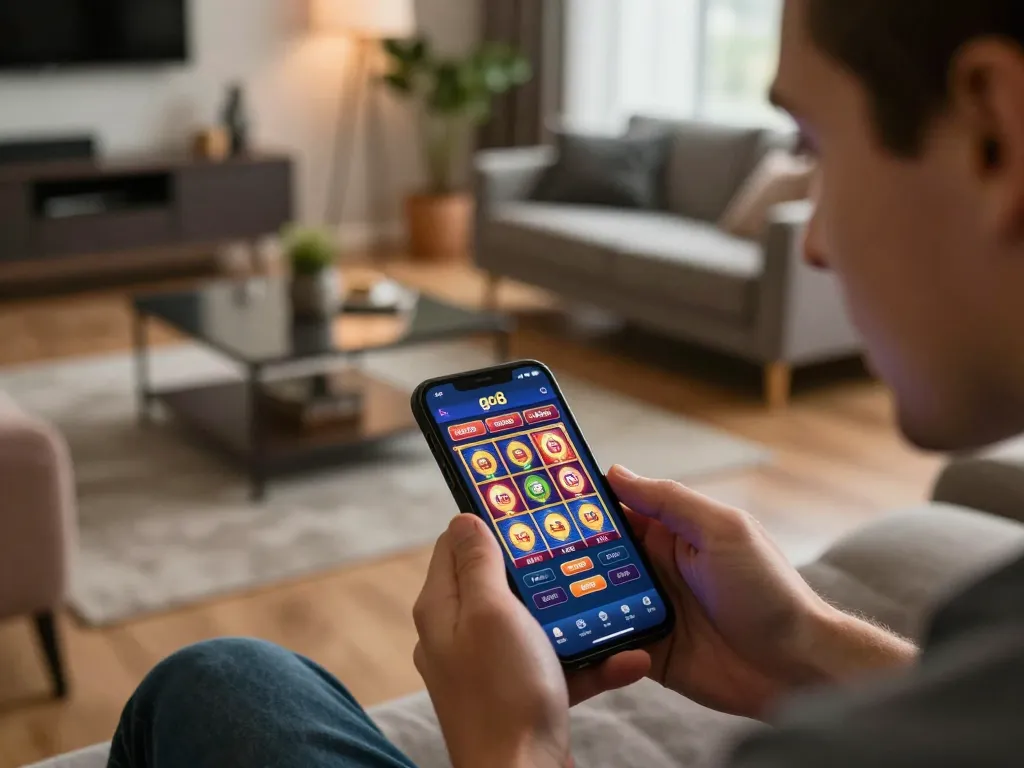 Player enjoying the go8 mobile gaming app, showcasing engaging slot machine gameplay in a cozy setting