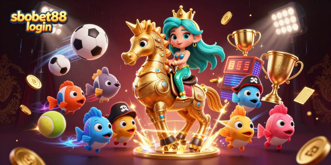 Experience sbobet88 login with our vibrant 3D illustration of a mermaid and seahorse amidst dynamic sports elements.