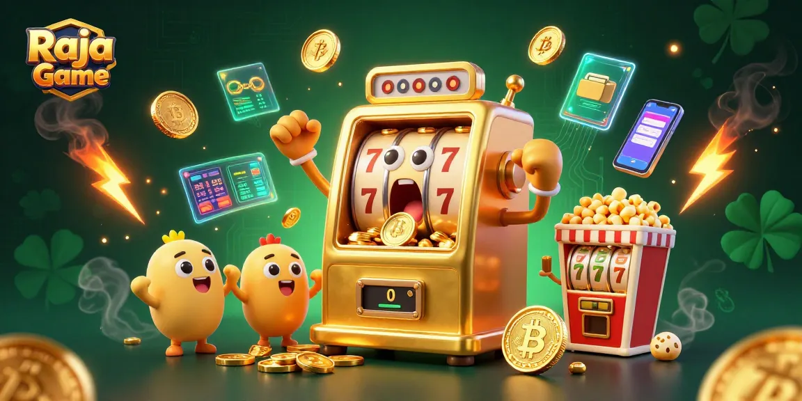 Raja Game showcases thrilling slot machine excitement with coins pouring from a lively character.