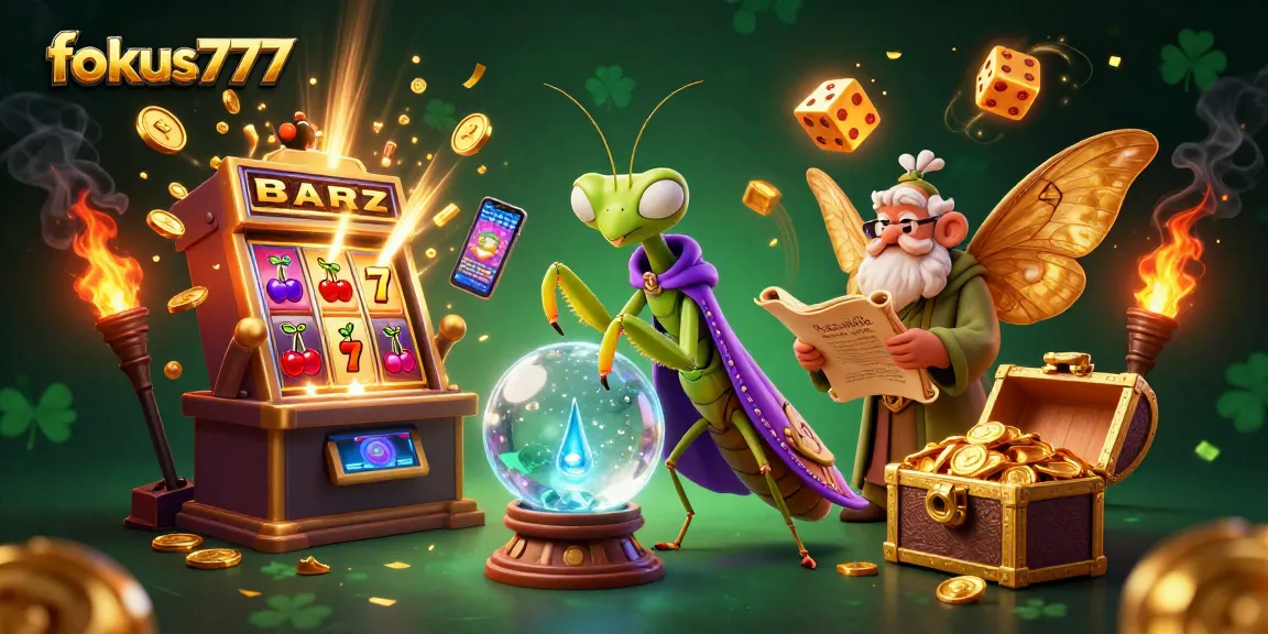 Experience the magic of fokus777 with a lively 3D casino scene featuring a fortune teller, jackpot slots, and vibrant game symbols.