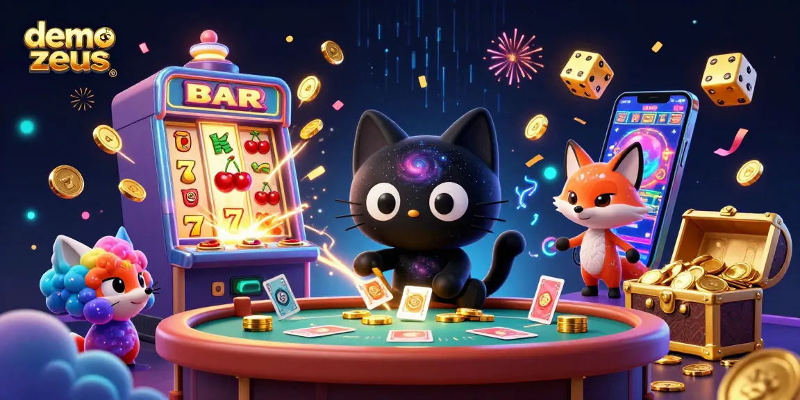 Experience the excitement of demo slot zeus with a vibrant cosmic casino scene featuring dynamic characters and game elements.