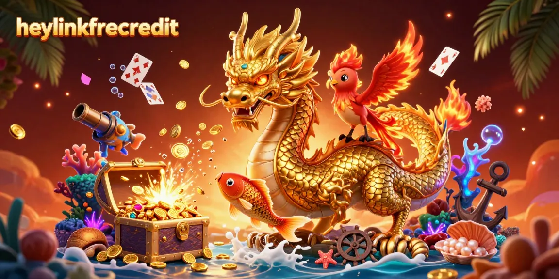 Engage with heylinkfreecredit through this vibrant illustration featuring a dragon and phoenix in a magical casino scene.