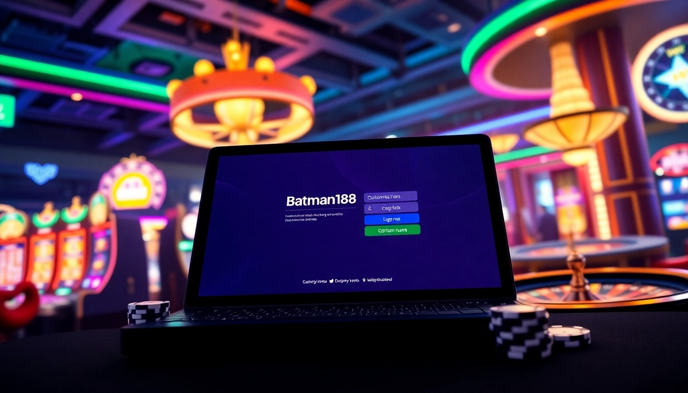 Engage with the batman138 login on a sleek device amidst a lively casino backdrop.
