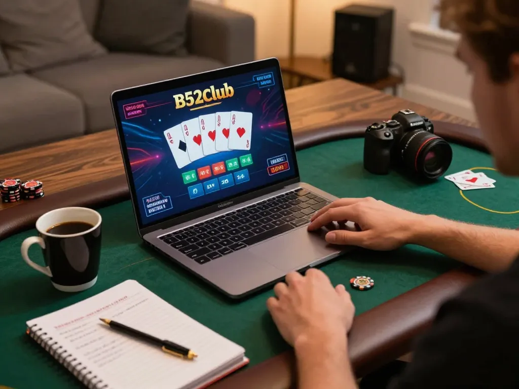 Người chơi B52club lên chiến lược tại nhà với trò chơi poker hiển thị và phụ kiện chơi game xung quanh.