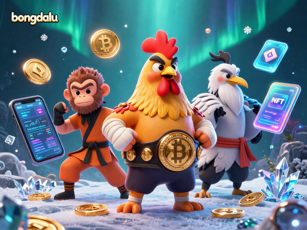 Engage in exciting gameplay with the bongdalu rooster character amidst vibrant crypto elements.