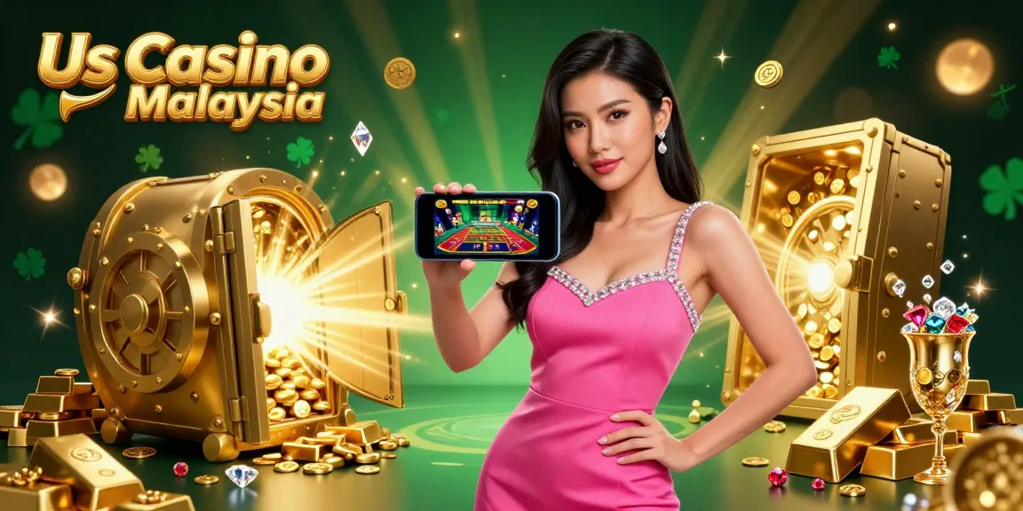 Experience the excitement of Us Casino Malaysia with a stunning Asian woman showcasing a live dealer game on her smartphone, surrounded by treasures.