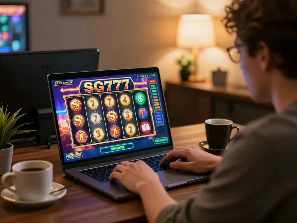 Engaging in SG777 slots gameplay at a modern home office setup, with vibrant screen and relaxed atmosphere
